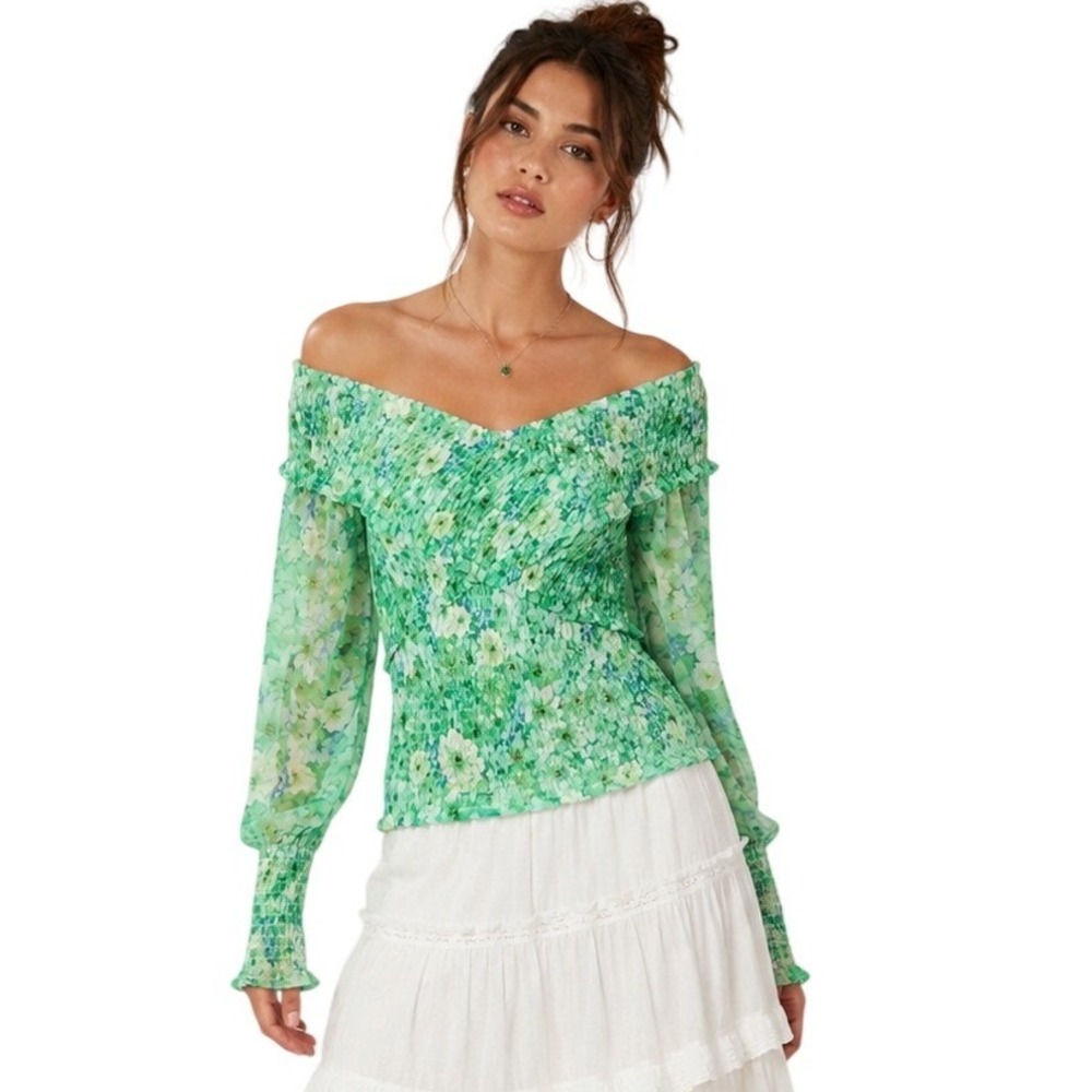 Steve Madden Off Shoulder Smocked Floral Top Womens Green S Chiffon Cottage Boho